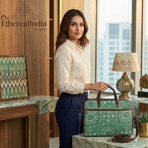 Bolso para portátil de algodón con estampado artesanal verde, tipo mensajero para oficina, con asa de regazo y correa. - Product Image 1