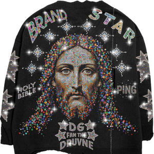 Suéter de Hombre de Manga Larga con Hombros Caídos, Estilo Vintage, Cortado, con Estampado Digital Gráfico de Cristales de Imitación, Grueso y Afelpado - Product Image 1