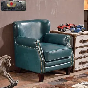 HJ HOME Chesterfield Flat Queen Anne Chaise à oreilles à dossier haut Fauteuil vintage en similicuir bleu antique avec roue