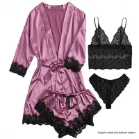 Ensemble de pyjama sexy en satin multi-pièces avec nuisette à col en V, manches trois-quarts et taille élastique en dentelle