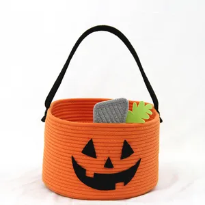 Halloween Cotton Rope Woven Round Pumpkin Storage Basket with handle Woven Baskets for Shelves