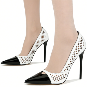 Escarpins sexy pour femmes à bout pointu, ajourés, patchwork, talon fin, coupe large, grandes tailles 45 - Product Image 1