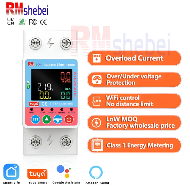 RMshebei Wifi Residual Current Circuit Breaker Tuya Smart Energy Meter AcMcb 2 Pole DinRail Smart Prepaid Energy Meter Smartlife