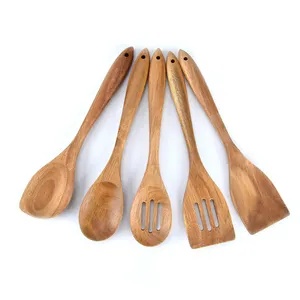 Set peralatan dapur kayu alami, 5 buah Spatula sendok berlubang Acacia kayu peralatan memasak