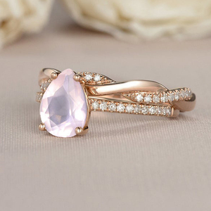 Anillo de Plata de Ley 925 con Baño de Oro Rosa y Circonita Cúbica, Conjunto de Anillos de Cuarzo Rosa Natural, Anillo de Boda de Cuarzo Rosa - Product Image 1