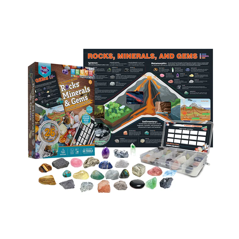 Kit Cristal Gemstone Infantil Coleção Rock & Mineral com Caixa Colecionador/Display Case