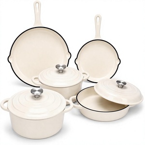 Ensemble de 8 ustensiles de cuisine en fonte émaillée, cocotte, faitout, 3 couvercles, revêtement céramique, compatible gaz/induction, sans PFA - Product Image 1