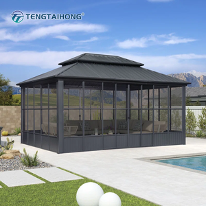 Pabellón de <span class=keywords><strong>Terraza</strong></span> Contemporáneo para Exteriores, Estructura de Aluminio, Techo Rígido de 12*14 pies, Puertas Corredizas, Resistente al Viento y la Lluvia, Solárium de Jardín - Product Image 2