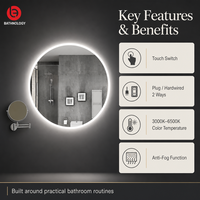 Miroir de salle de bain rond moderne, populaire, de haute qualité, avec couvercle en acrylique, argenté, sans cuivre, écologique, à LED dimmable, interrupteur tactile, IP44