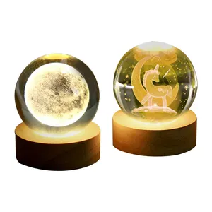 Custom 3d Solar System Engraved Crystal Ball Night Light With Led Wood Base For Wedding Birthday Valentine'S Day Mother'S Day