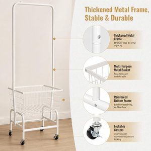 Korean Style Multifunction White Metal Coat Rack With Lockable Wheels Standing Garment Rack With <b>Storage</b> Baskets in <b>Small</b> Place - Product Image 3
