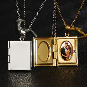 Collana con Ciondolo <span class=keywords><strong>Portafoto</strong></span> a Forma di Libro in Acciaio Inossidabile Placcato Oro 18K, Cornice Vuota per Sublimazione Fai-da-Te - Product Image 2