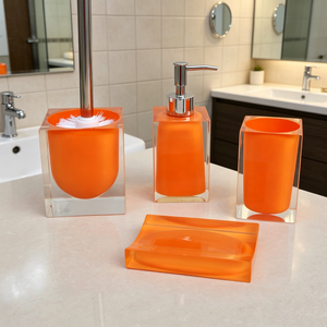 Set di Accessori per Bagno con Doppio Strato Trasparente, Esterno <span class=keywords><strong>Arancione</strong></span>, Interno Trasparente: Porta Scopino, Dispenser Sapone, Bicchiere, Porta Sapone - Product Image 2