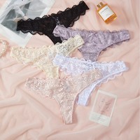 Culotte string sexy en dentelle florale brodée, tricotée, respirante, en nylon/coton, taille basse, fine, lavage à la main