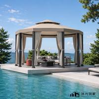 Gazebo rectangulaire à deux niveaux AL6063-T6 avec rideaux amovibles, LED, protection UV, résistant à la pluie, couleur kaki, style chinois, PVC, pour piscine et jardin