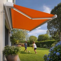 Auvent motorisé élégant en tissu acrylique rayé bleu et blanc avec bande LED pour salon de piscine