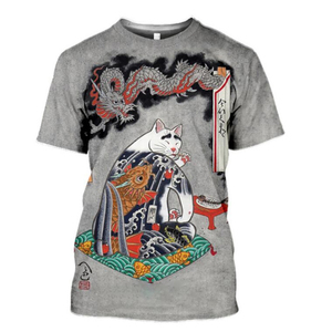 Camiseta de Alta Calidad con Estampado de Cultura Japonesa, Diseño Vintage de Gato, Camiseta Básica de Moda con Cuello Redondo de Poliéster, Venta al Por Mayor - Product Image 5