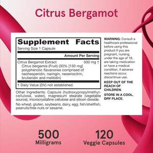 Complément de Bergamote Citrique 500mg 120 Capsules Végétales Soutien Antioxydant pour la Santé Cardiovasculaire et Métabolique - Product Image 2