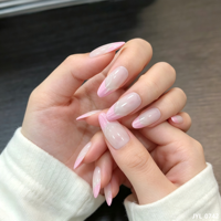 24 faux ongles en ABS réutilisables, rose nude translucide, blanc, style French press, forme amande moyenne, finition brillante, lignes 3D, style Sweet Girl