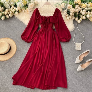 Primavera nuevo vestido de mujer cuello cuadrado de manga larga de gasa Falda larga cintura cerrada vestido Formal delgado para mujer - Product Image 3