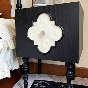Premium <b>Black</b> Solid Wood Nightstand French Vintage Mother-of-pearl Inlay Spindle Legs Bedroom Furniture Stable <b>Bedside</b> <b>Cabinet</b> - Product Image 6