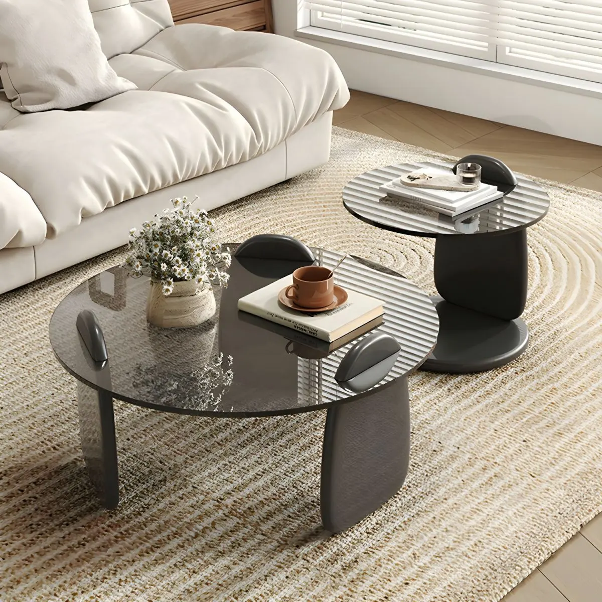 NOVA Table basse à thé en verre trempé Tables d'appoint de salon au design rond noir avec base en bois massif