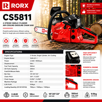 Tronçonneuse à essence portative de qualité industrielle, 58cc, 2400W, 2 temps, RORX CS5811, avec guide-chaîne de 20/22/18 pouces, vente chaude d'usine, OEM, DIY