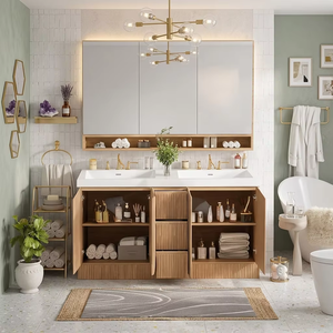 Meuble-lavabo autoportant moderne en chêne à double vasque, poignées encastrées sans levier, étagères intérieures réglables, miroir intelligent, durable pour <span class=keywords><strong>salle</strong></span> <span class=keywords><strong>de</strong></span> <span class=keywords><strong>bain</strong></span> - Product Image 1