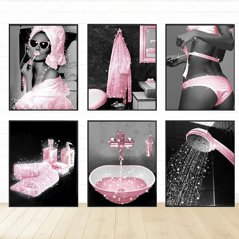 Ev dekor HD baskılar moda siyah kadın pembe banyo duvar resimleri duvar sanatı