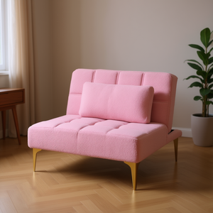 DB Pink Teddy Fabric <b>Single</b> Sofa <b>Bed</b> with Gold Metal Legs, <b>Foldable</b> & Reclining, Modern Design for Living Room Use - Product Image 2