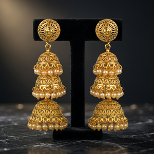 Boucles d'oreilles longues Jhumki classiques plaquées or, style antique, avec pierre blanche, sans nickel ni plomb, pour femme - Réf. 12201 - Product Image 2
