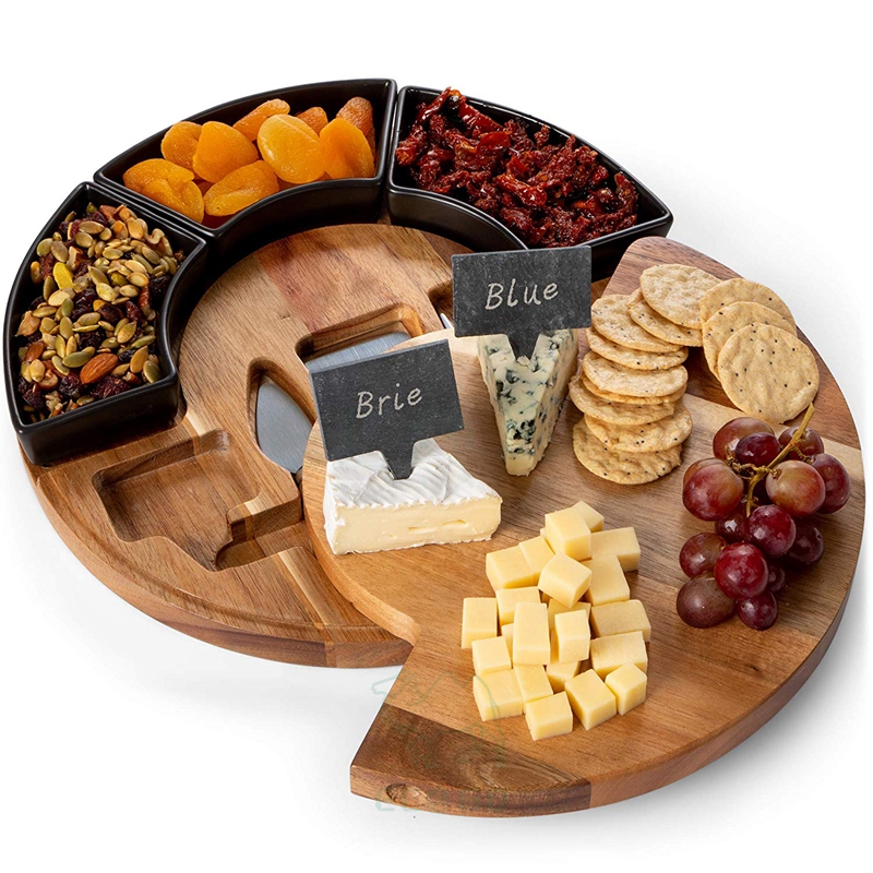 Набор круглых бамбуковых досок для сыра с посудой, размещенной под ротационную тарелку, небольшие блюда, тонкая доска для колбасных изделий