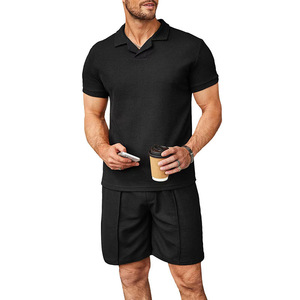 PASUXI Completo Loungewear <span class=keywords><strong>da</strong></span> <span class=keywords><strong>Uomo</strong></span> in Maglia a Nido d'Ape, T-Shirt Oversize con Scollo a V e Pantaloncini con Coulisse, Set Casual Estivo 2 Pezzi - Product Image 3
