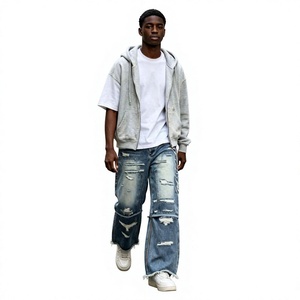Prix abordable Jean large pour homme en denim déchiré et délavé, coupe baggy, avec fermeture éclair en forme d'échelle, imprimé script et ourlet effiloché, style streetwear - Product Image 5