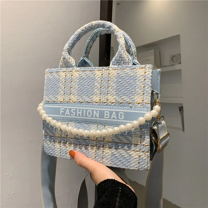 Blue lattice fabric nylon handbag women shoulder bag light unique handbags for women