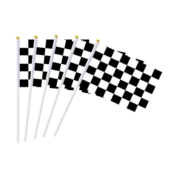 Vente en gros Polyester 12x18 pouces noir et blanc drapeau à carreaux course drapeaux de bâton à main