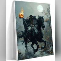 Tableau mural Chevalier sans tête et Citrouille enflammée, thème Halloween sombre, Forêt au clair de lune, Impression sur toile encadrée pour décoration intérieure