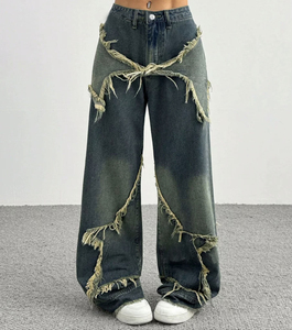 Jean large taille haute personnalisé à franges étoilées, style streetwear, en denim délavé vintage pour <span class=keywords><strong>femme</strong></span> - Product Image 4