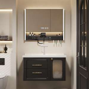 French style luxury solid wood floor standing bathroom cabinet, ceramic integrated basin bathroom <b>mirror</b> cabinet - Product Image 3