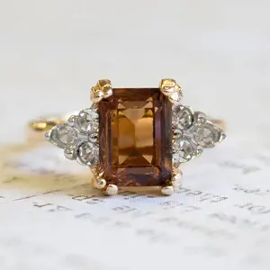 Unique zirconia jewelry 925 sterling silver rings 18k gold plated hypoallergenic natural smoky quartz crystal ring