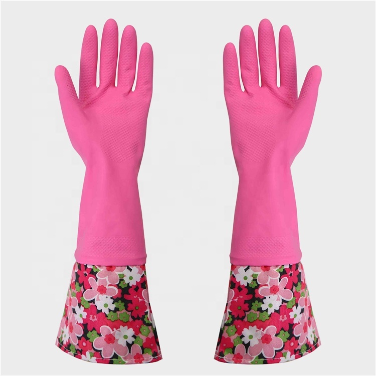 Durable adapté aux besoins du client À Manches Longues Gants En Caoutchouc Latex Orange Vaporisateur Floqué Gant de Ménage