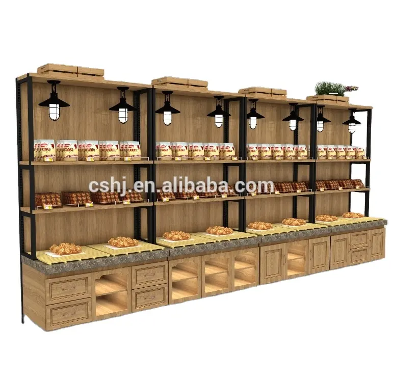 सस्ते लकड़ी और स्टील संयुक्त सुपरमार्केट प्रदर्शन/बेकरी प्रदर्शित करता है/रोटी प्रदर्शित करता है