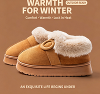 Chaussons d'hiver pour femmes à dos fermé, avec col en fourrure, plateforme épaisse, doublure chaude en peluche, antidérapants, pour l'extérieur, pour couple, en coton, pour la maison