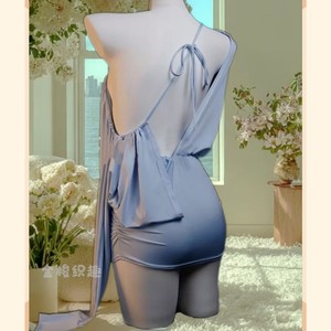 Robe moulante bleue en viscose, style lingerie, épaules dénudées, dos nu, taille ajustée, coupe slim, pour soirée, 8147 - Product Image 4