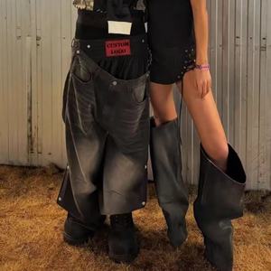 Jean baggy noir délavé personnalisé et détachable, taille haute, double ceinture, style boxe, streetwear, coupe ample - Product Image 5