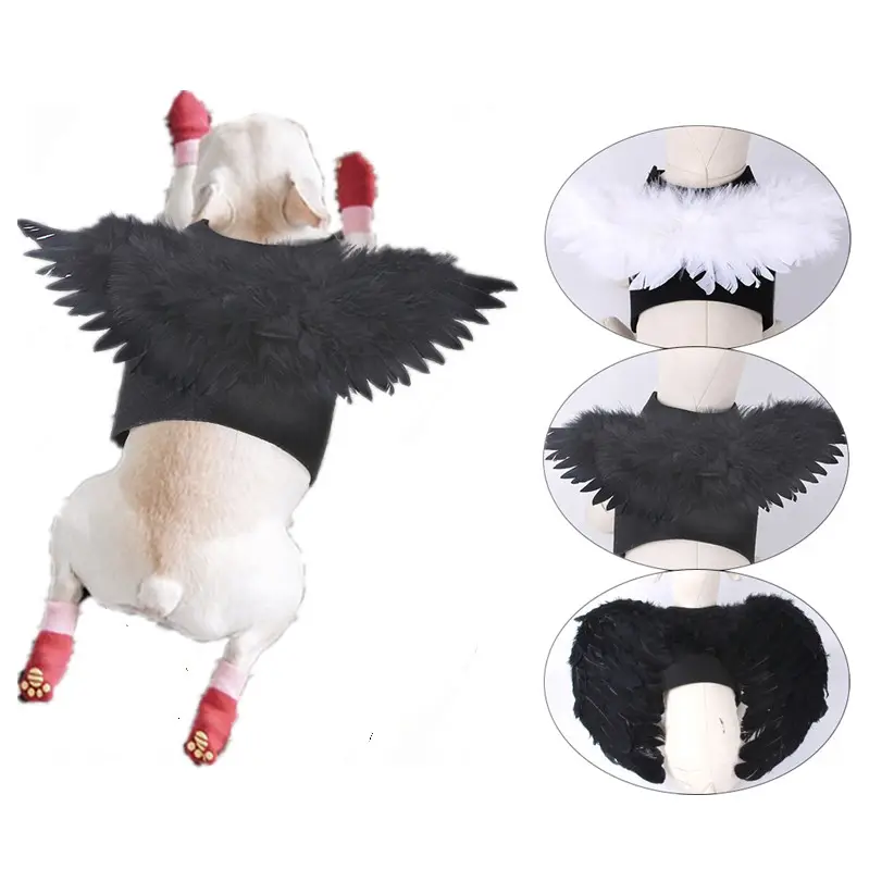 funny dog clothes pet cosplay costume halloween pet dog black white harness leash angel wings