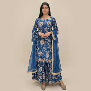 Conjunto de Kurta Azul Marino con Estampado Floral y Adornos Dorados para Mujer, Estilo Tradicional Indio-Pakistaní, Largo hasta el Suelo, para Todas las Temporadas - Product Image 1