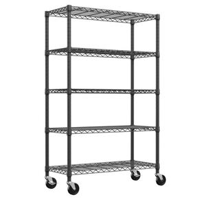 Étagère à 5 niveaux en fil métallique robuste, revêtement en poudre noire, acier au carbone, capacité de 350 lb par étagère, avec roulettes à frein - Product Image 3