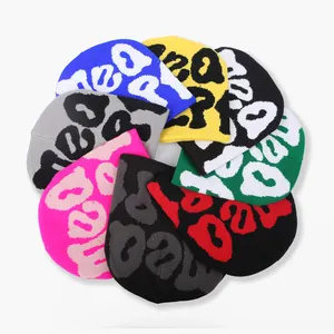 Melhor Preço Baixo MOQ Logotipo Personalizado Jacquard Beanie Fabricantes Todo Sobre Impressão Beanie Fold Cuffless Inverno Crânio Malha Chapéu