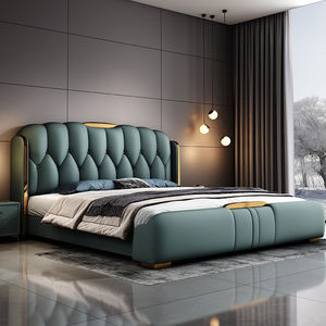 Muebles de dormitorio de lujo para el hogar, venta al por mayor, camas modernas de <span class=keywords><strong>madera</strong></span> de metal dorado con <span class=keywords><strong>cabecero</strong></span> y sábanas de cuero genuino tamaño King - Product Image 1